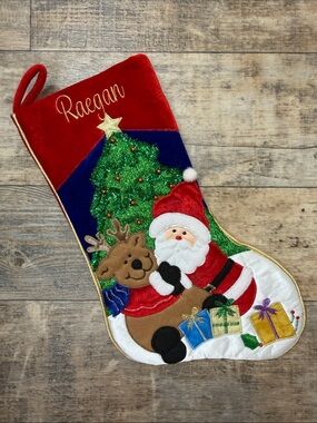 NWOT Kurt Adler Velour Santa Reindeer Christmas Stockin PERSONALIZED WITH RAEGAN